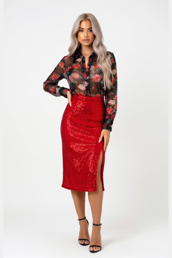 Sequin Mini Skirt — Red