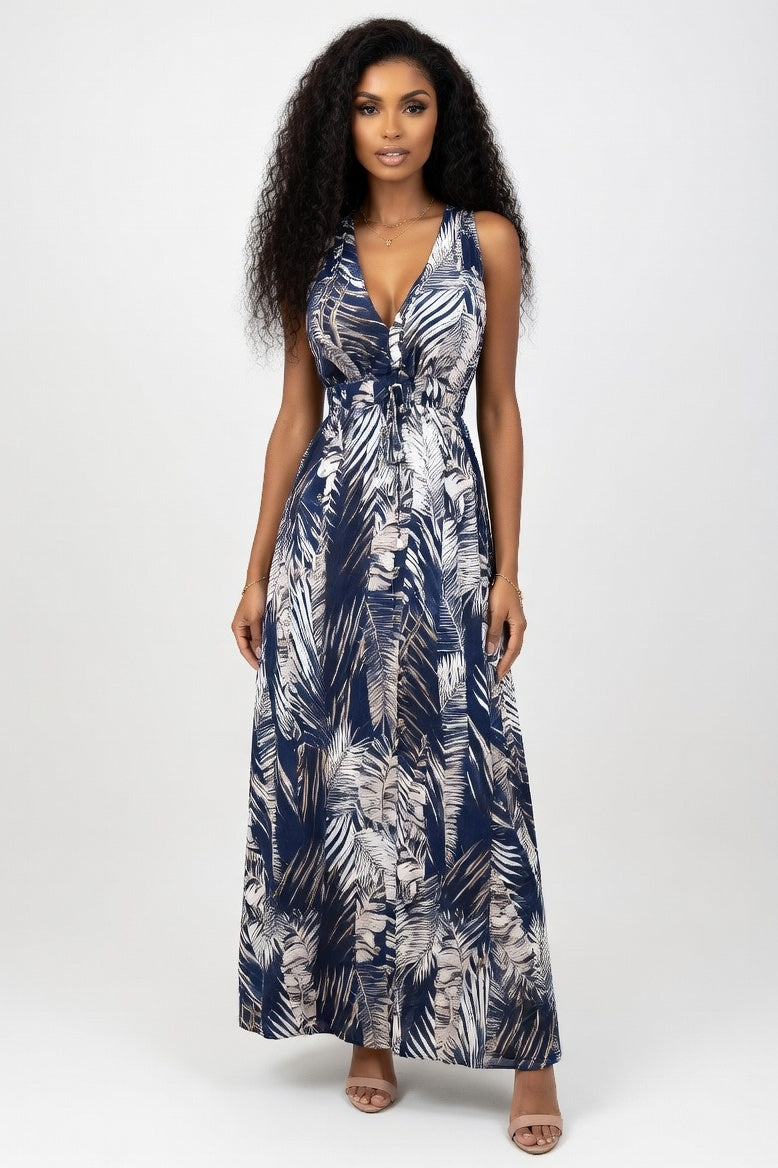 Backless Printed Strap Dress — Blue Print