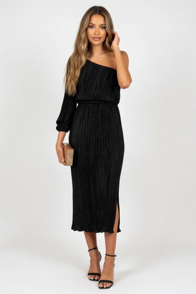 Off-Shoulder Pleated Dress — front view