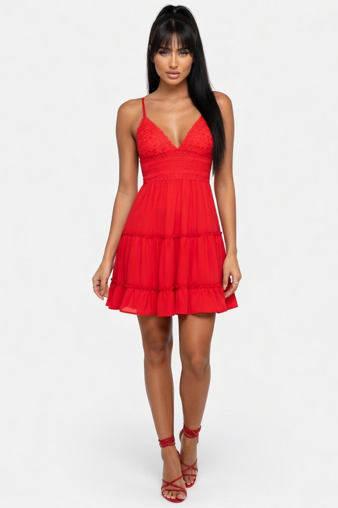 Lace Splice Suspender Dress — Red