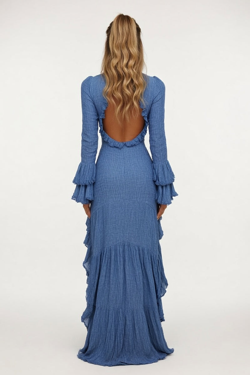 Pleated Ruffle Midi Dress — back view