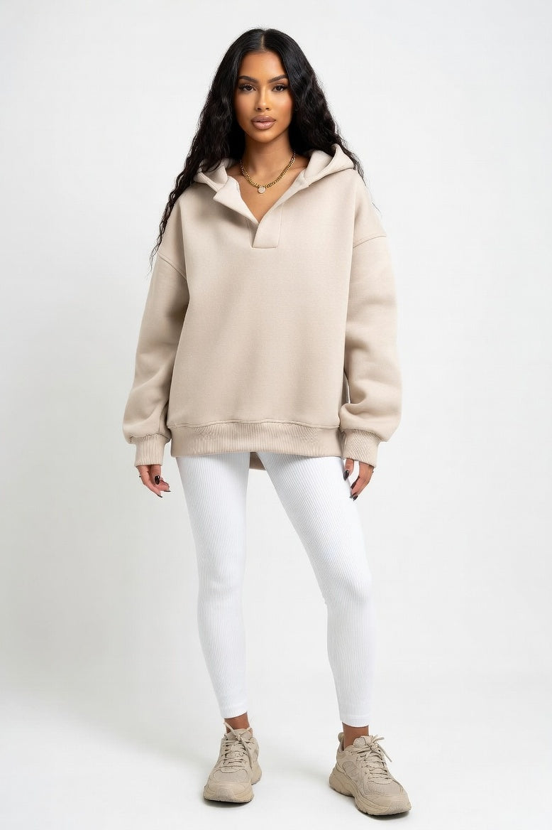 Hooded Sweatshirt with V-Tie Detail — Apricot