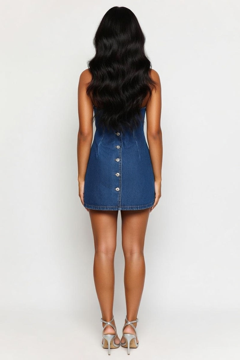 Lace-Up Back Denim Dress — back view
