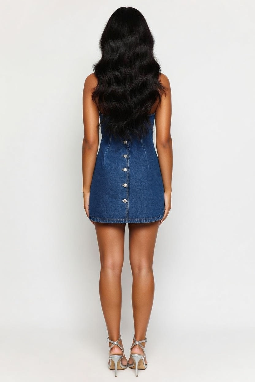 Lace-Up Back Denim Dress — back view