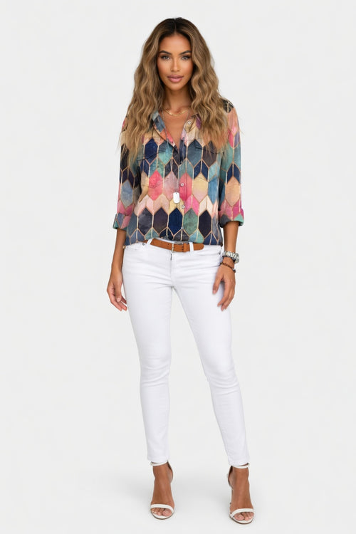 Printed Shirt Lapel Top — front view