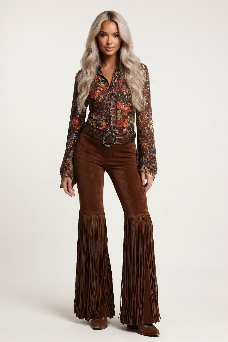 Suede Tassel Trousers — Dark Brown