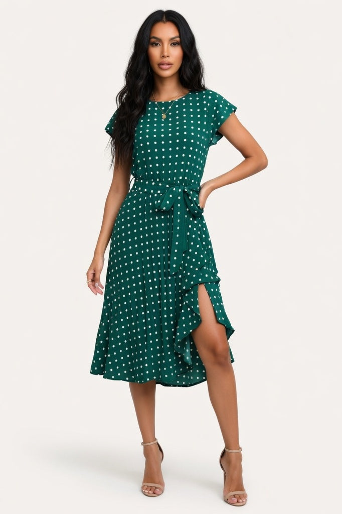 Polka Dot Pleated Dress — Green