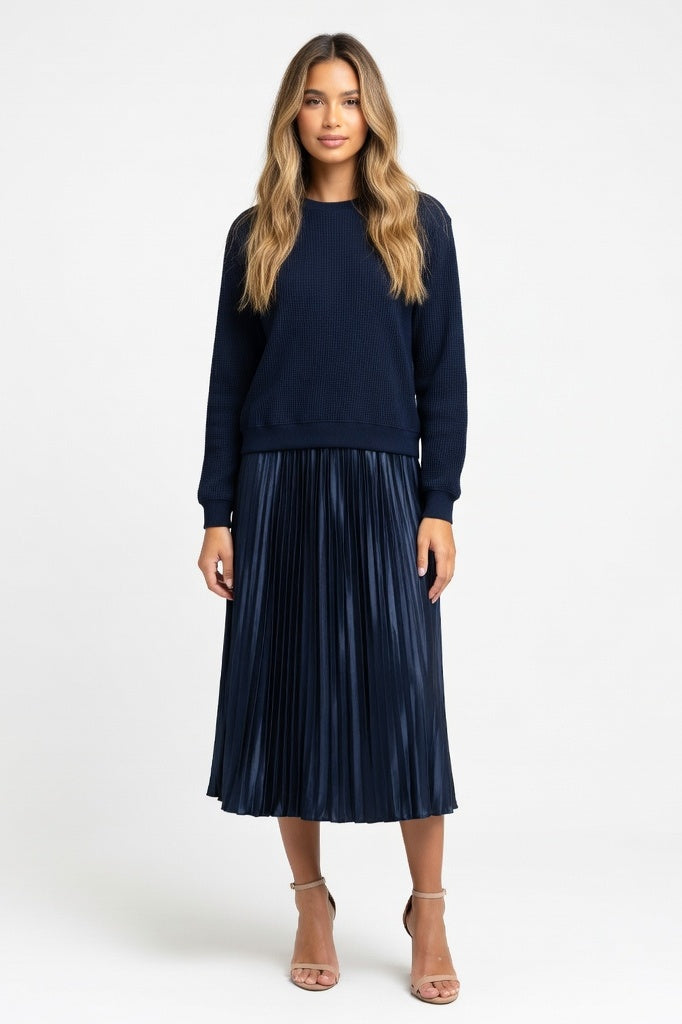 Knit Pleated Hybrid Dress — Dark Blue