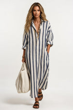Striped V-Neck Shirt Dress — Black