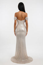 Sequined Off-Shoulder Slit Dress — back view