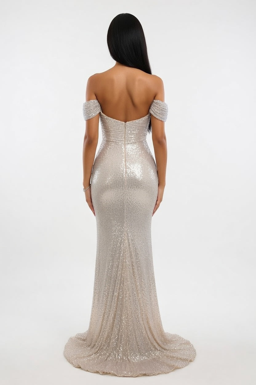 Sequined Off-Shoulder Slit Dress — back view