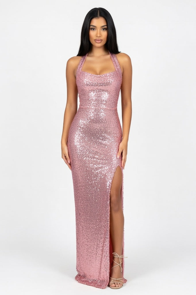 Sequined Halter Slit Dress — Pink Gold