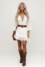 Lace Trim Bell Sleeve Midi Dress — White