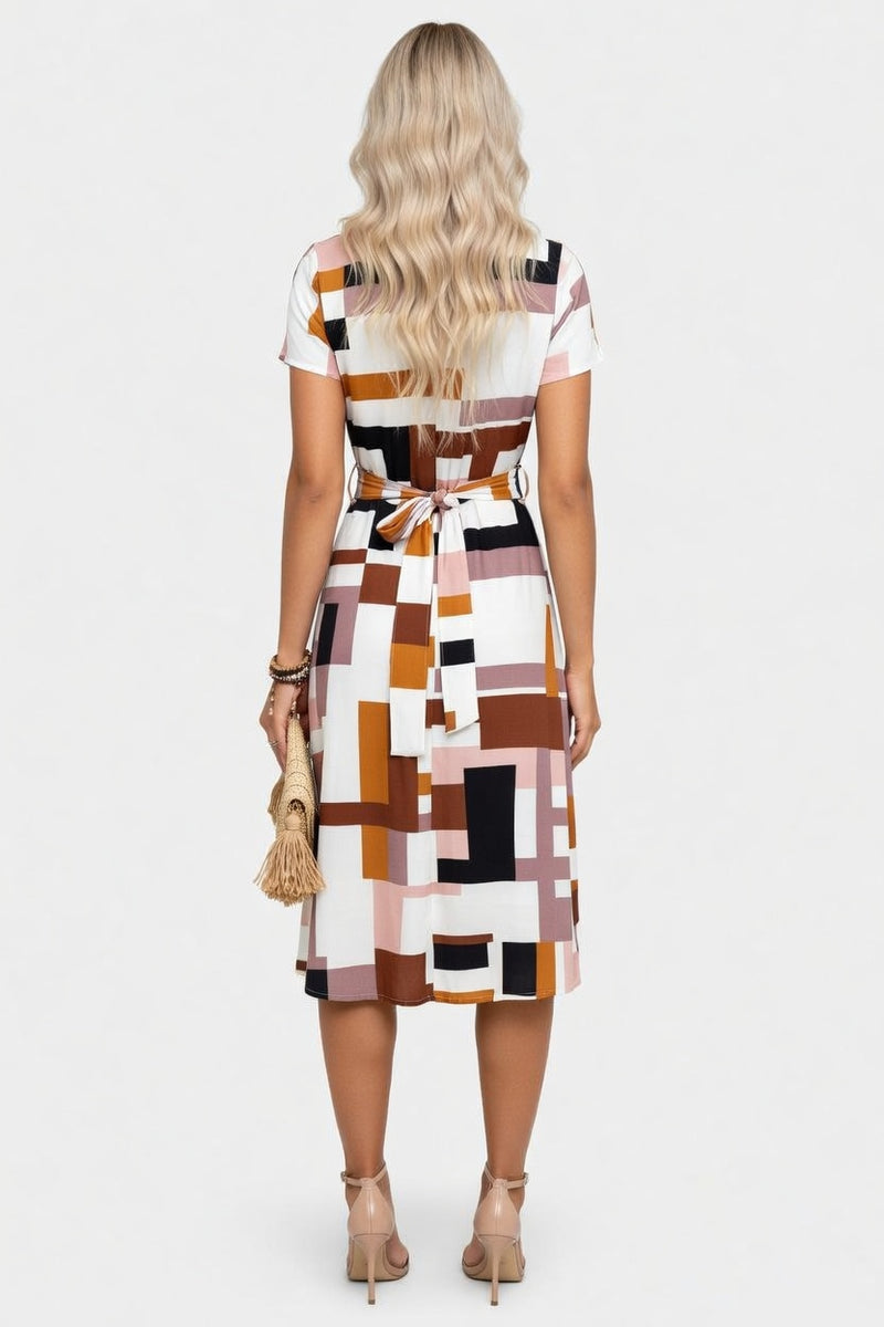 Printed Mini Dress with Belt — back view