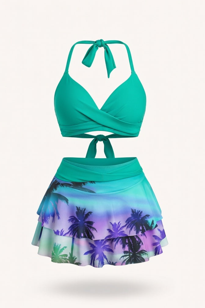 High Waist Ruffle Print Bikini Set — Lake Blue