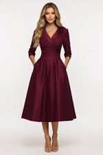 Satin Waist-Tie Midi Dress — Burgundy
