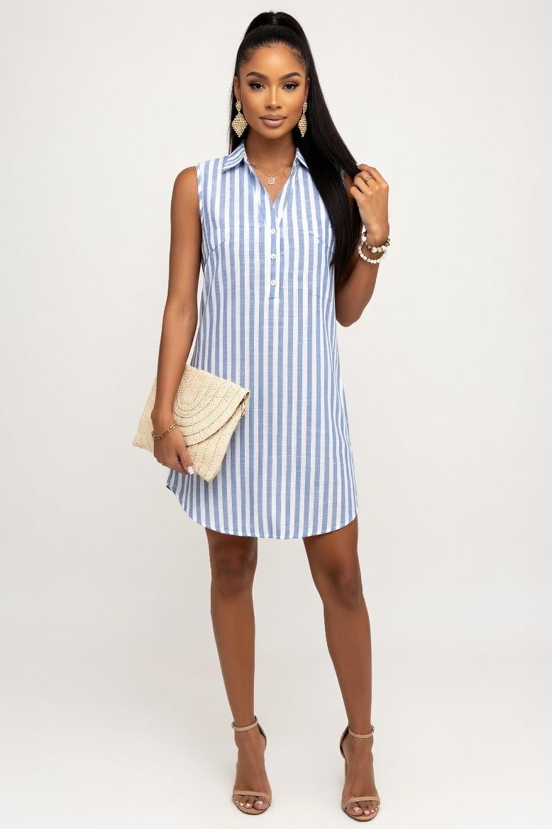 Striped Shirt Dress — Blue