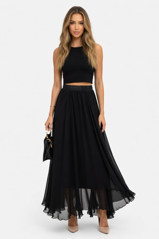 Chiffon High-Waist Maxi Skirt — Black