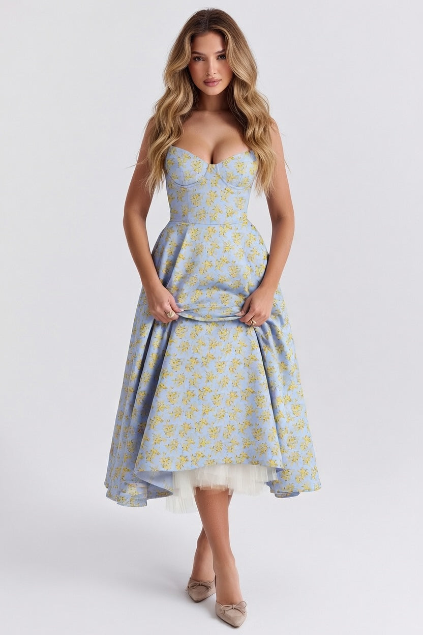 Mesh Double Layer Halter Dress — Blue Yellow Floral