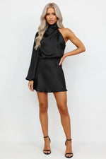 One-Shoulder Satin Midi Dress — Black