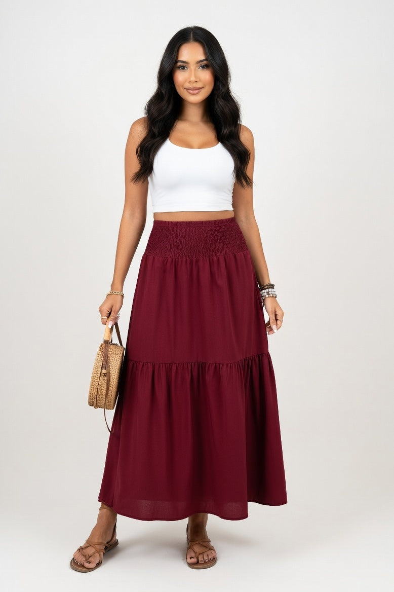 Floral A-Line Midi Skirt — Burgundy