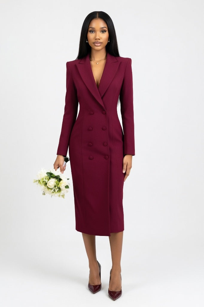 V-Neck Double Breasted Dress — Burgundy