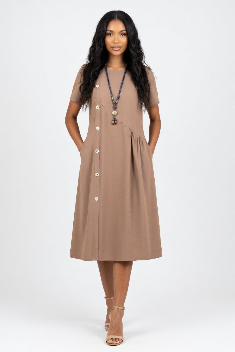 Button Detail Midi Dress — Coffee