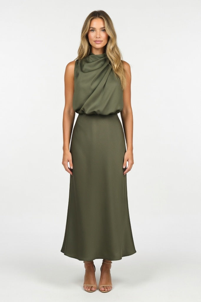 Satin Sleeveless Dress — Army Green