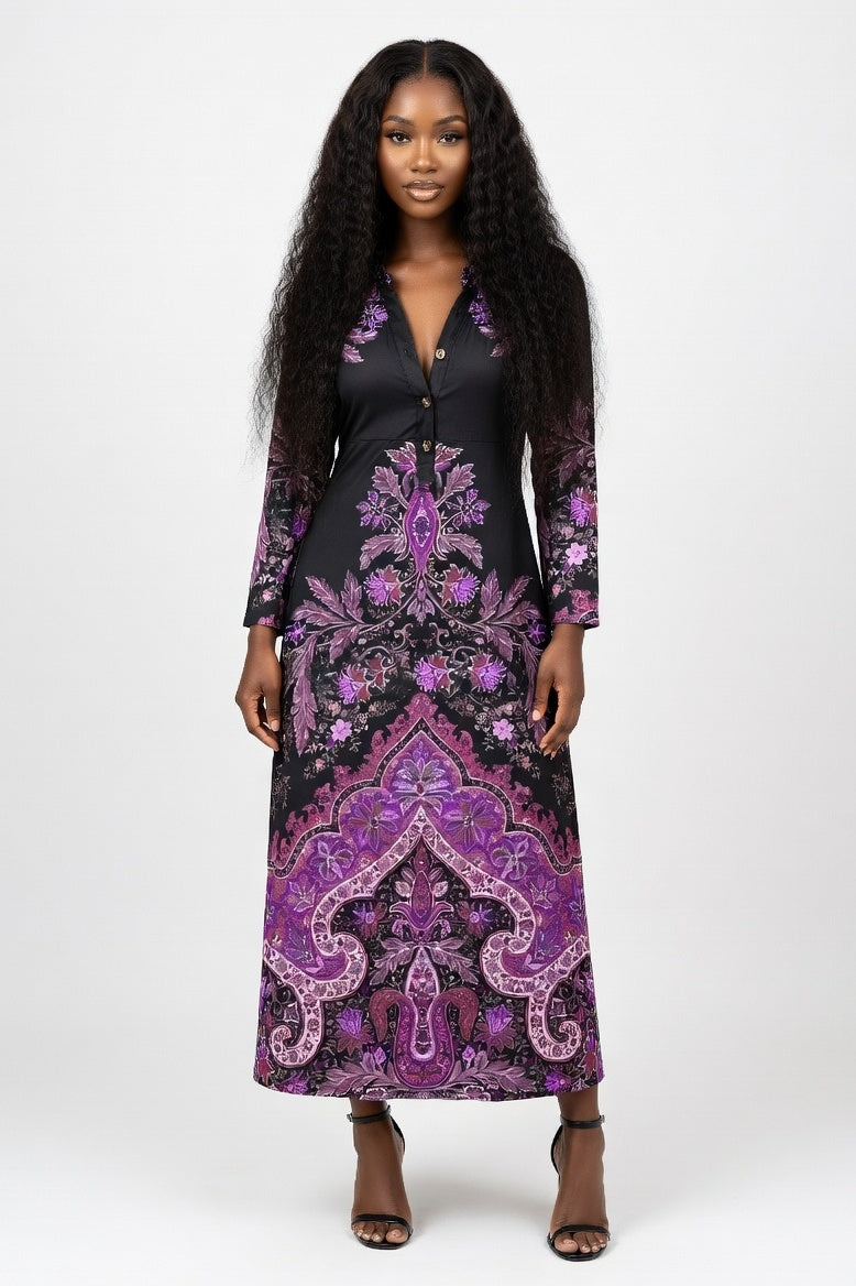 Printed Shirt Dress with Pockets — Purple