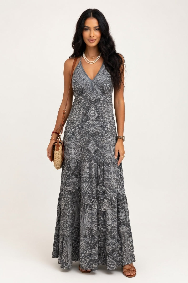 V-Neck Floral Print Maxi Dress — Grey