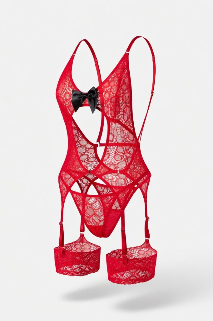 Sheer Bodysuit with Bow Detail — Red