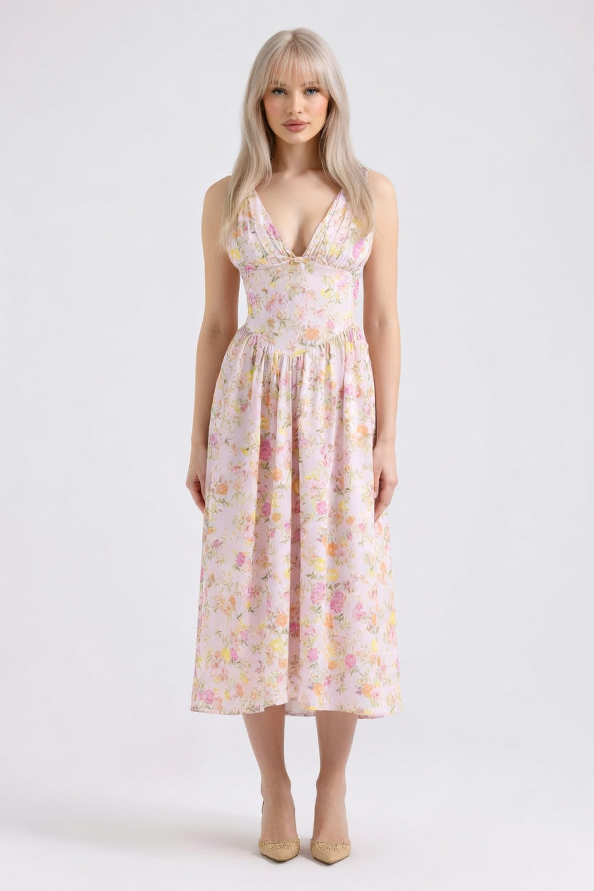 V-Neck Printed Halter Dress — White Print