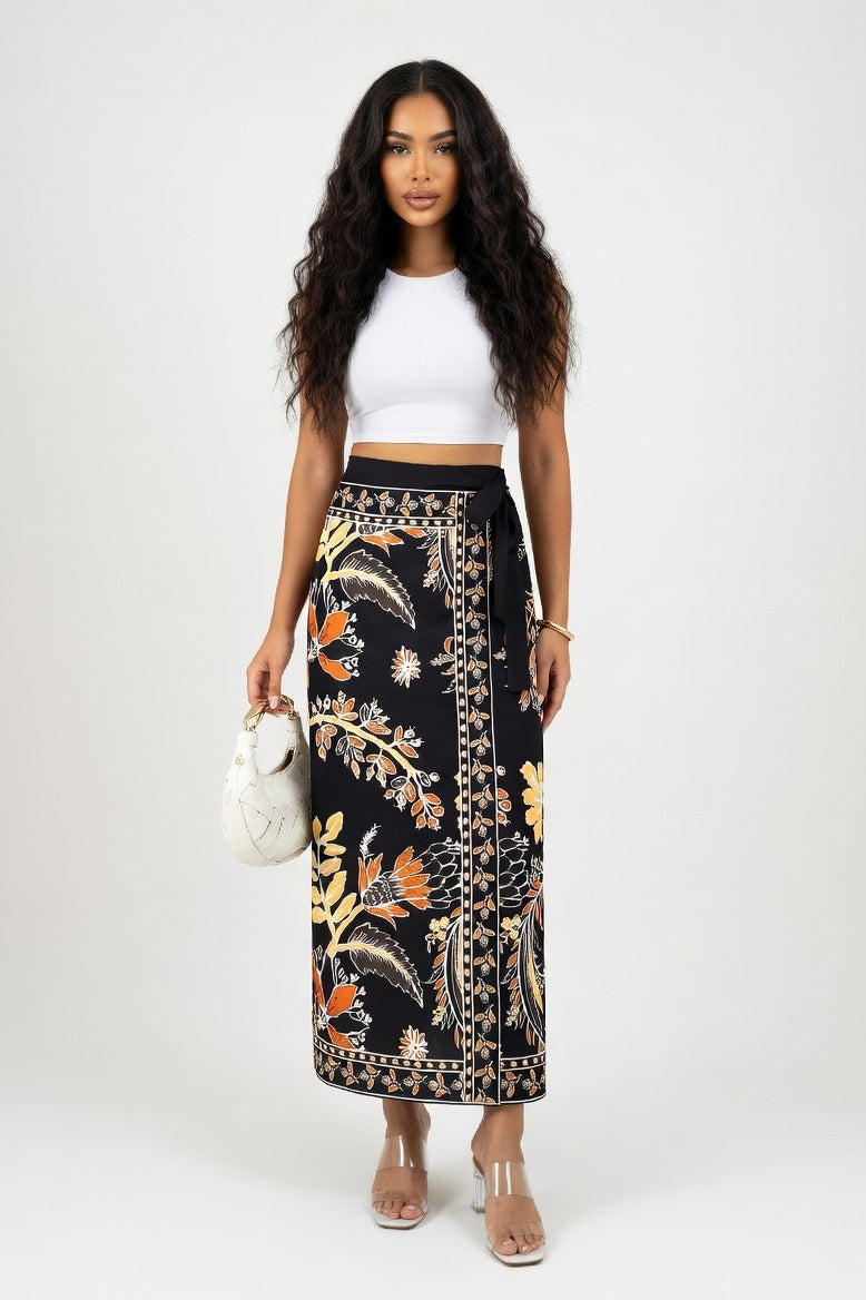 High Waist Printed Skirt — Black
