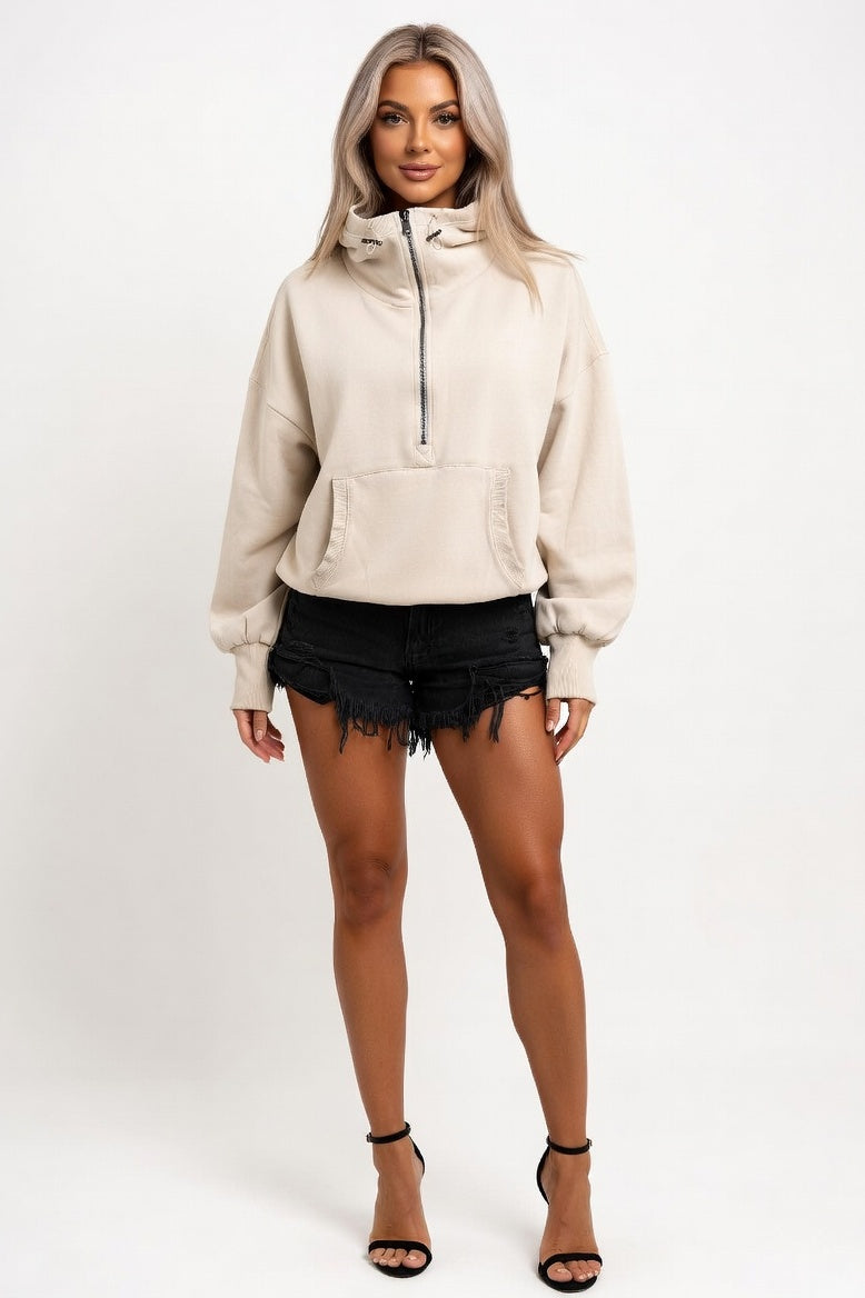 Zip-Up Hooded Sweatshirt — Apricot