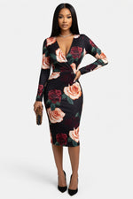 Draped Deep V Midi Dress — Digital Rose Print