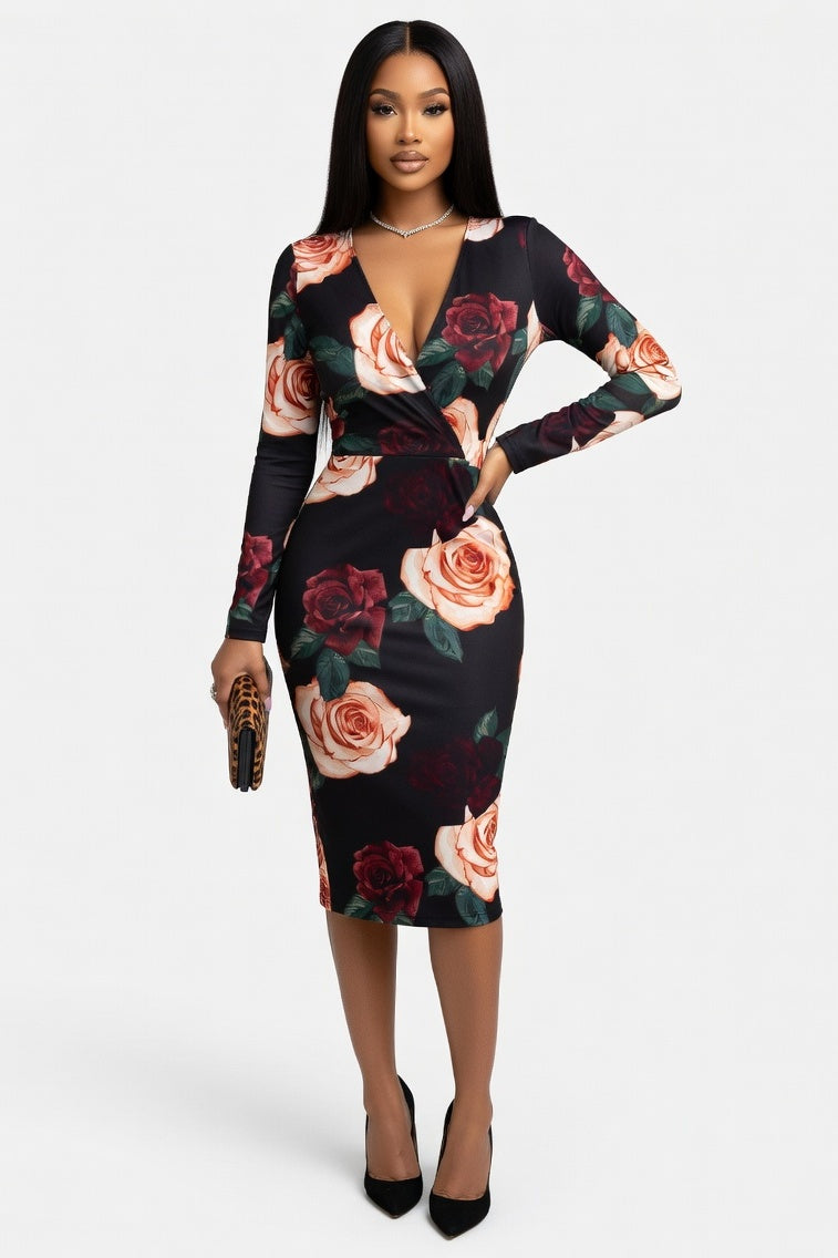 Draped Deep V Midi Dress — Digital Rose Print