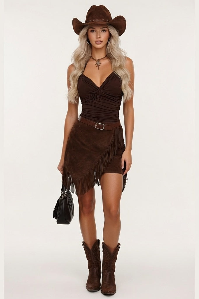 Tassel Halterneck Dress — Chestnut