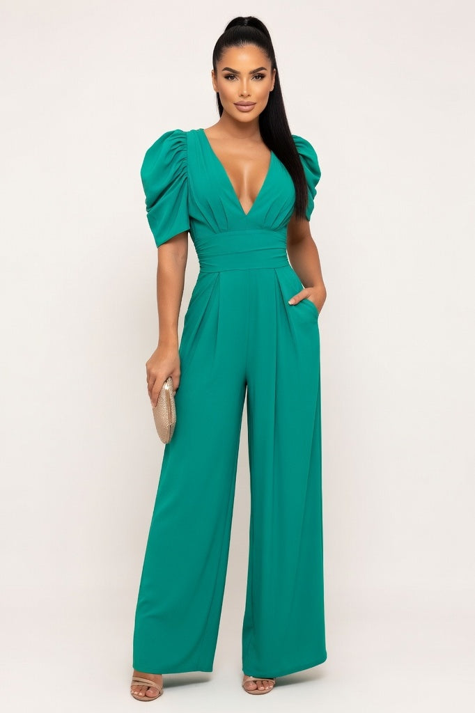 V-Neck Puff Sleeve Wide Leg Jumpsuit — Green