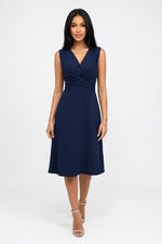 Cross Waist V-Neck Midi Dress — Navy Blue