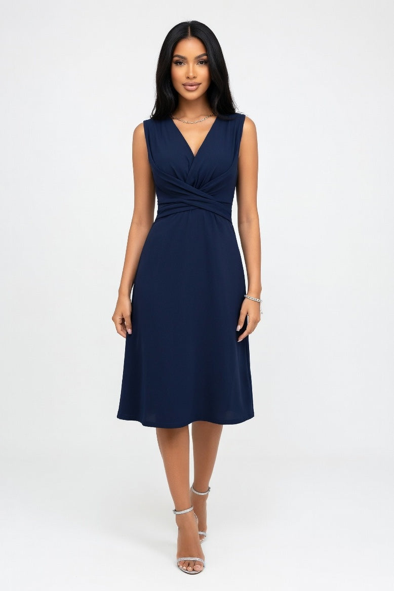 Cross Waist V-Neck Midi Dress — Navy Blue