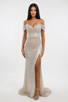 Sequined Off-Shoulder Slit Dress