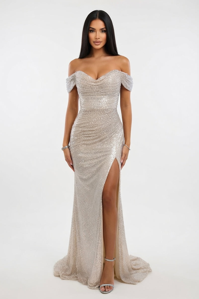 Sequined Off-Shoulder Slit Dress — front view
