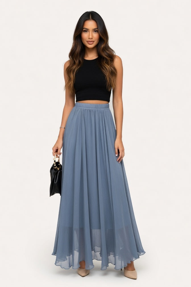 Chiffon High-Waist Maxi Skirt — Blue Grey