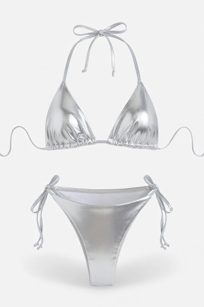 Lace-Up Bikini Set — Iridescent Silver