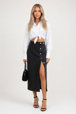 High-Waisted Denim Slit Skirt — front view