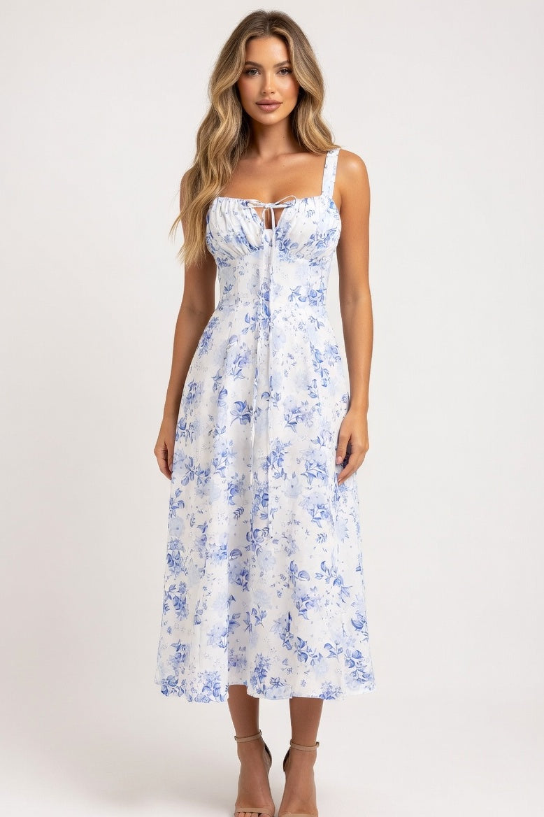 Printed Strappy Midi Dress — Blue Floral