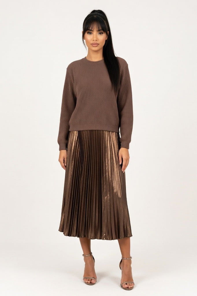 Knit Pleated Hybrid Dress — Coffee Brown