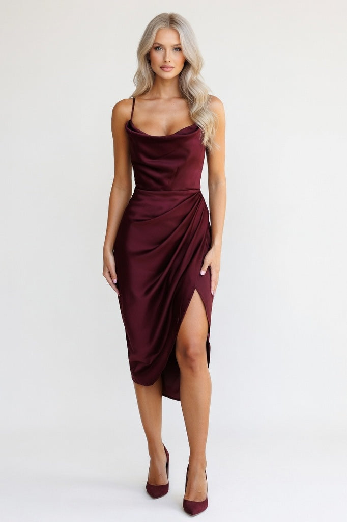 Satin Slip Dress with Thigh Slit — Burgundy