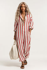 Striped V-Neck Shirt Dress — Red