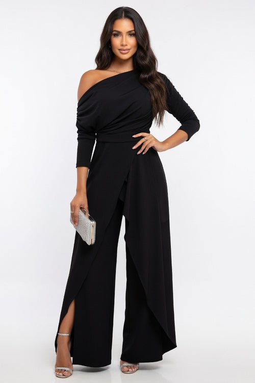 One Shoulder Pleated Wide Leg Jumpsuit — Black